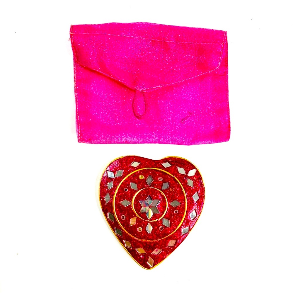 Glittered Magenta Heart Pocket Mirror and Bag